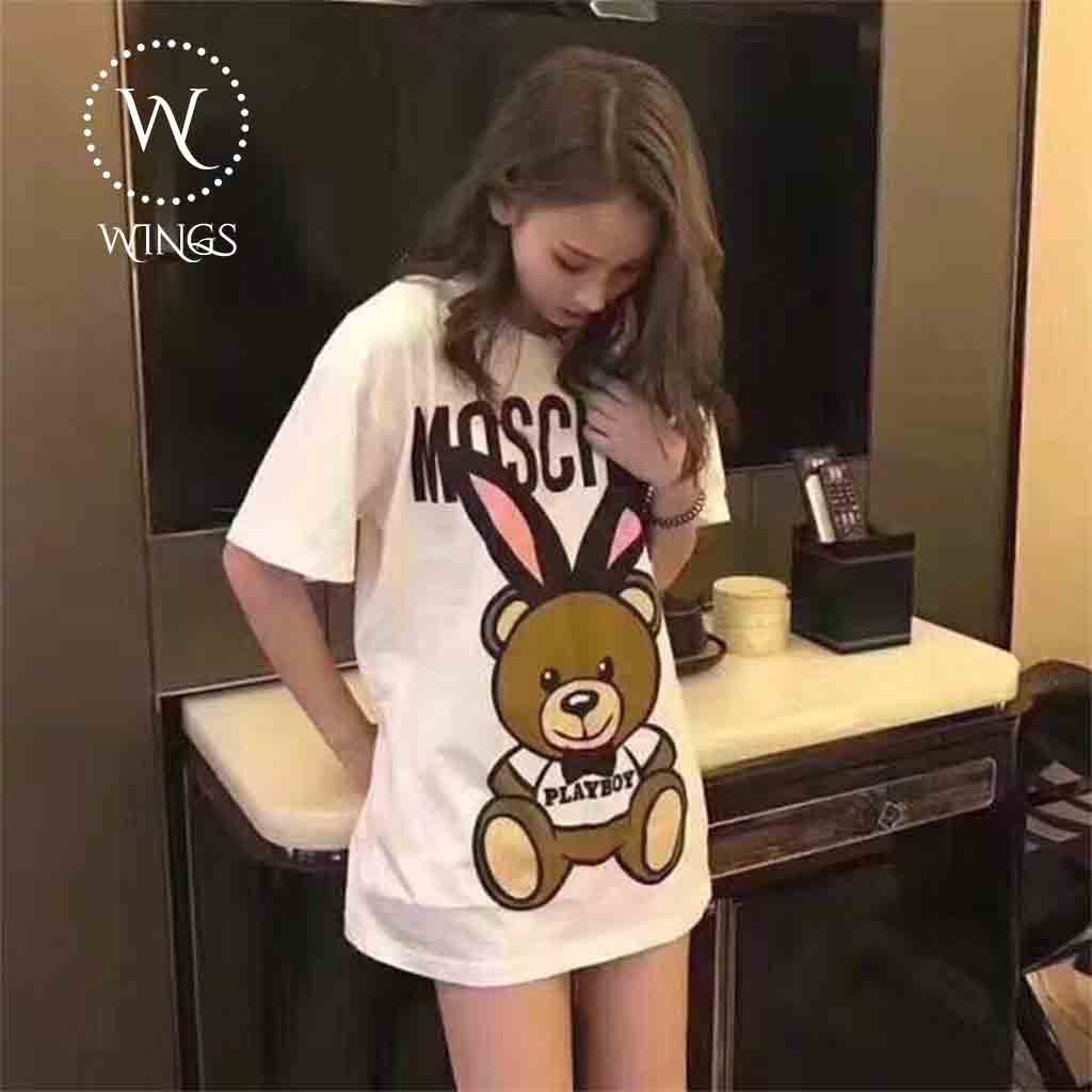 Áo thun nữ fom rộng tay lỡ dấu quần moschino teddy rabit