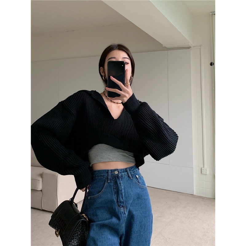 Xiaozhainv Áo croptop dệt kim tay dài dáng rộng duyên dáng dễ phối đồ cho nữ