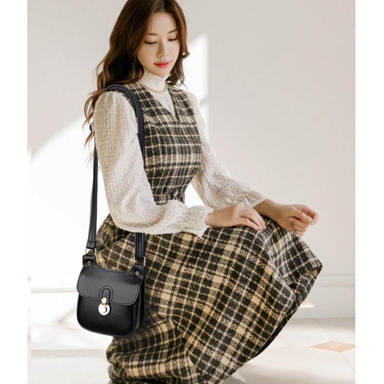 Túi đeo chéo nữ hàng da sần mềm hottrend phong cách Hàn Quốc khoen tròn nút bấm hàng Quảng Châu