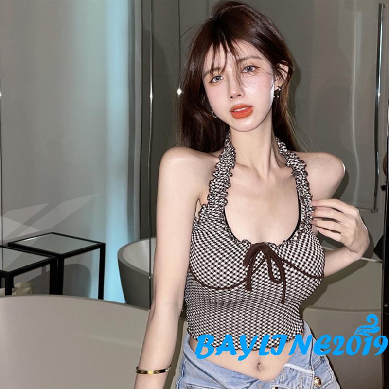 Bay-Women Summer Crop Tops, Halter Plaid Printed Bow-Knot Ruffled Short Tops, Ladies Slim Navel Vest