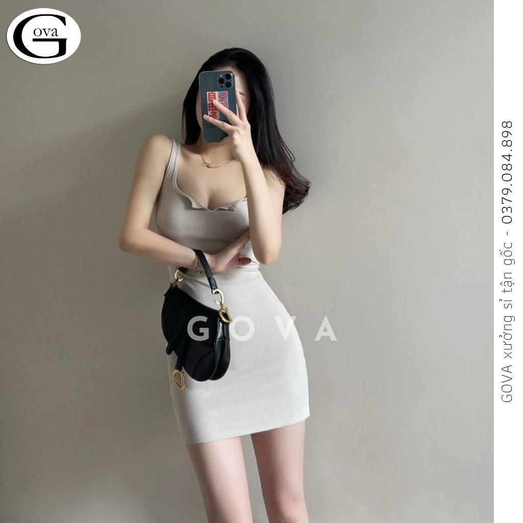 Đầm Váy Body SÁT NÁCH CỔ XẺ V BA LỔ Thun Gân Kiểu Sexy Nữ, Đầm Thun Ôm Body Đẹp GOVA