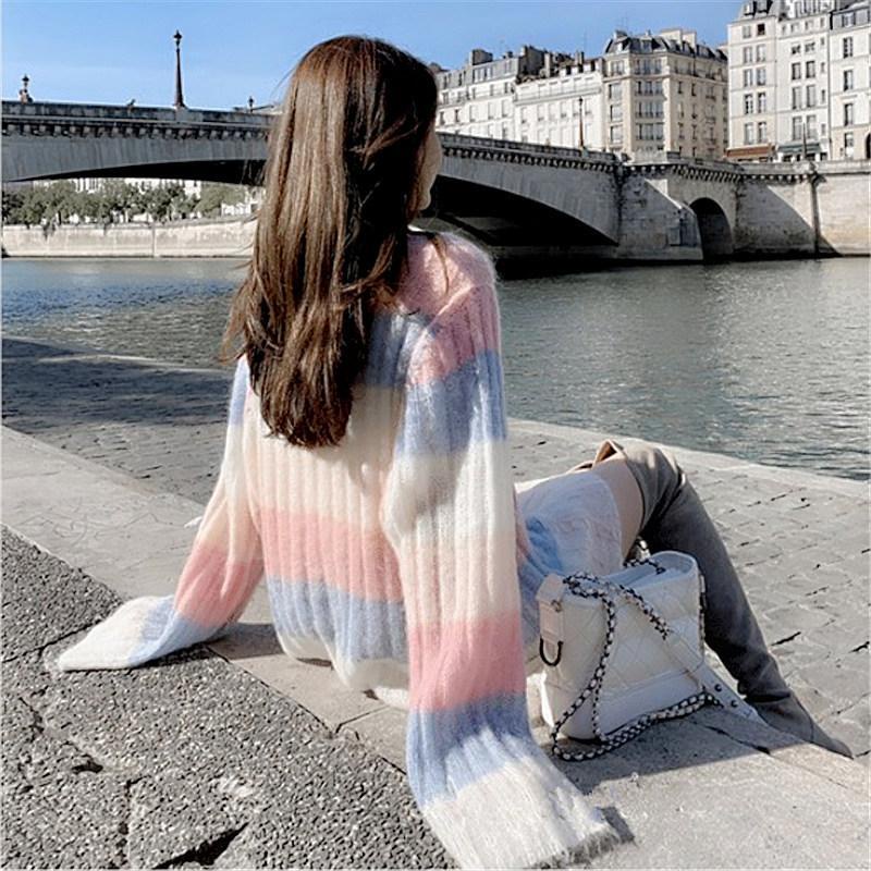Autumn and winter Korean Rainbow Stripe loose lazy wind sweater Japanese super fairy medium long mohair sweater female