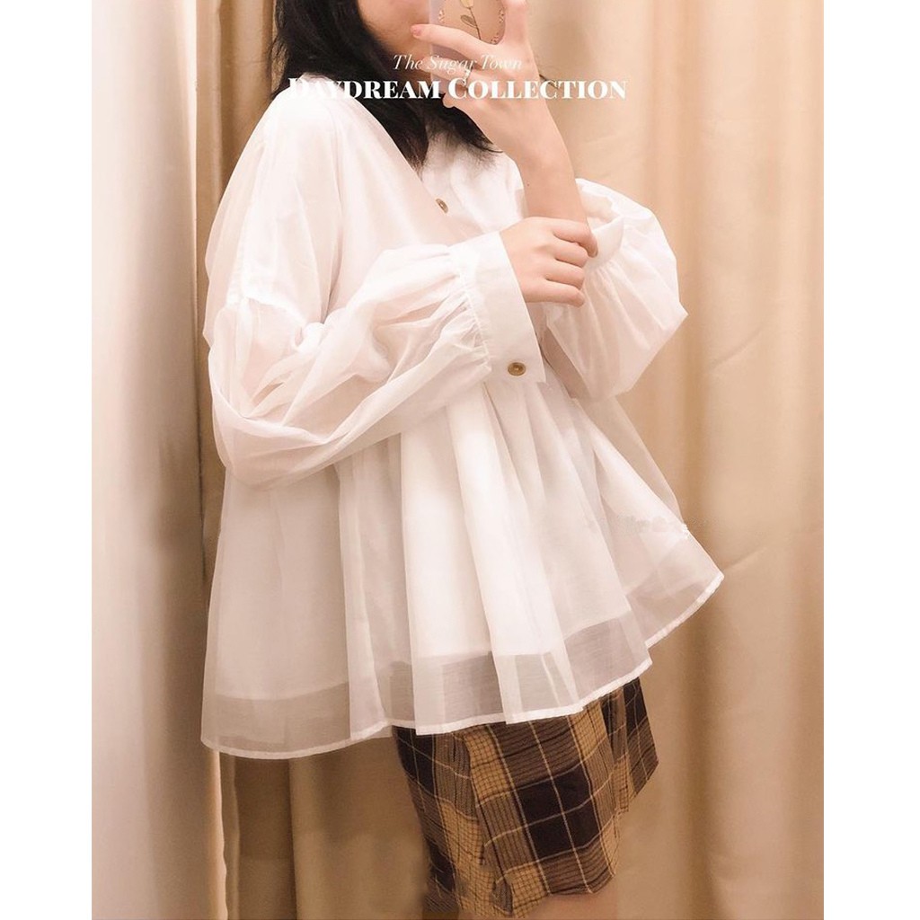 Áo babydoll voan tơ tay bồng nút giả gỗ cực xinh cho nữ, phong cách Hàn Quốc - Hàng có sẵn