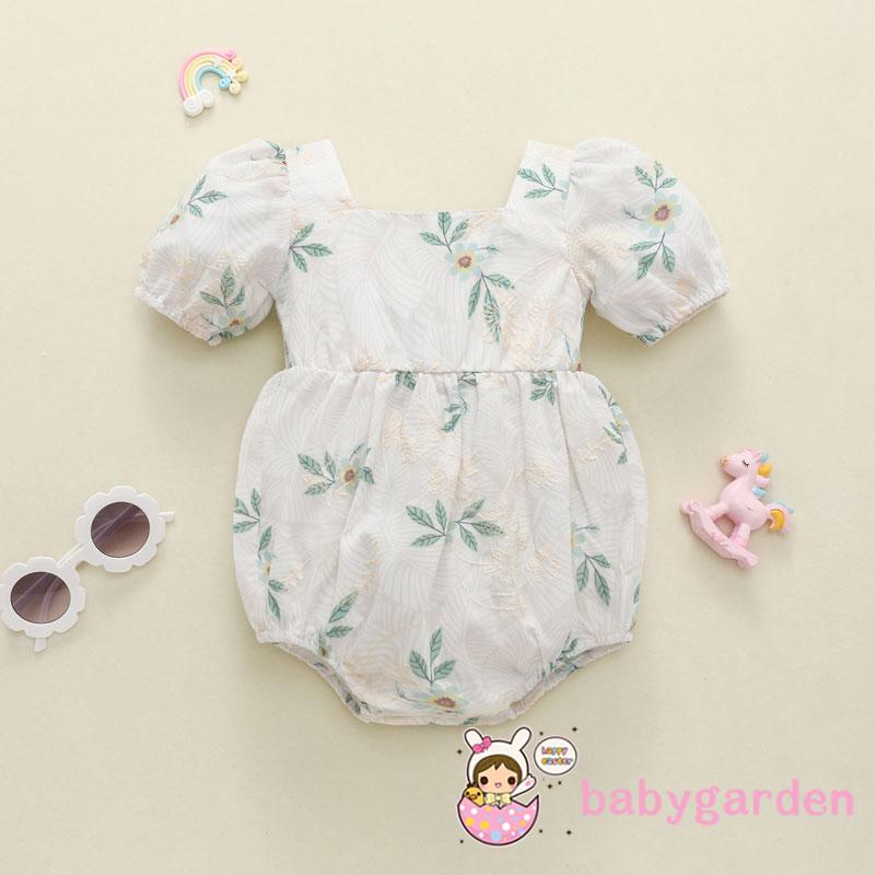 Bộ áo liền quần cổ vuông tay ngắn thêu hoa thời trang mùa hè cho bé gái từ 0-24 tháng tuổi