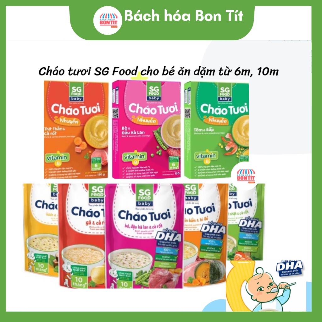 Cháo Tươi Nhuyễn SG Food, Cháo Ăn Dặm, Cháo Ăn Liền, Cháo Hạt Vỡ, Cháo Dinh Dưỡng cho bé ăn dặm từ 6m, 10m