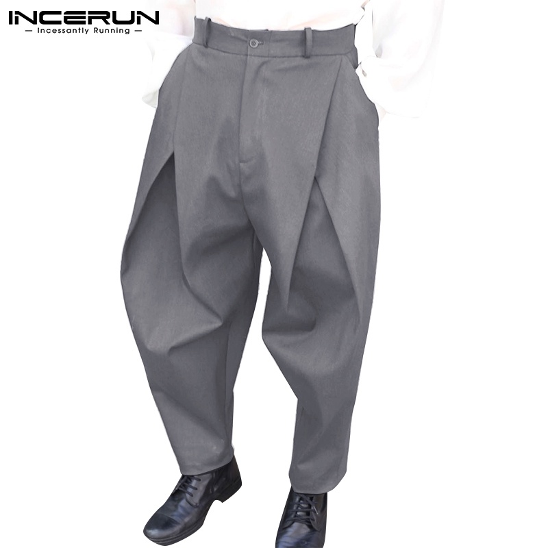 Quần dài INCERUN lưng cao dáng rộng màu trơn xếp ly thời trang cho nam