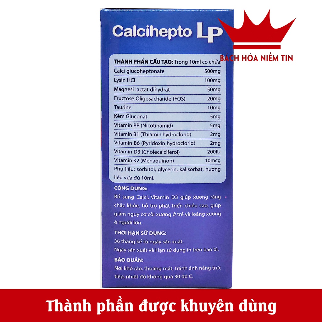 Canxi hữu cơ Calcihepto LP an toàn cho bé từ 6 tháng tuổi- Bé cao lớn, răng chắc khỏe, ngăn ngừa còi xương - Hộp 20 ống
