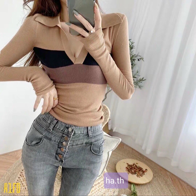 Áo len tăm cổ bẻ siêu hót .Sỉ 100k