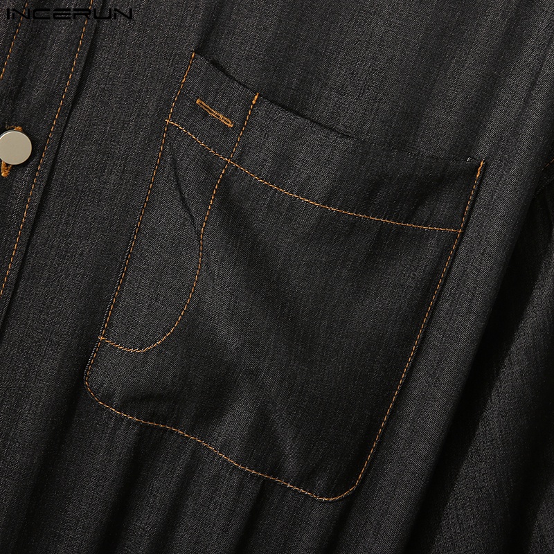 Jumpsuit denim INCERUN ngắn tay phối nút thời trang mùa hè cho nam