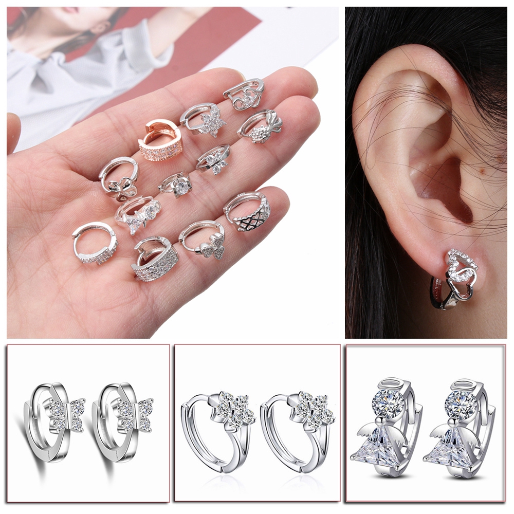 Bông tai tròn mạ bạc đính đá zircon thời trang