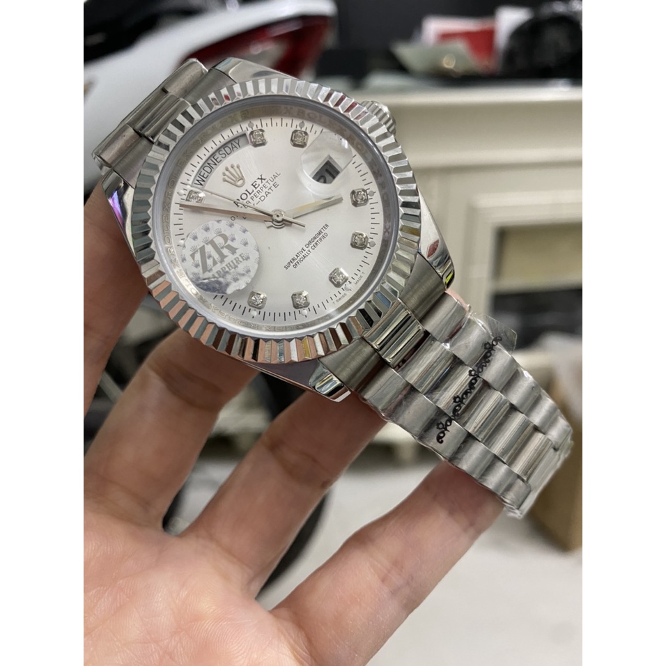 Đồng hồ Nam Rolex máy nhật dòng cơ Automatic size 41mm số đá day date vỏ trắng mặt trắng dây kim loại
