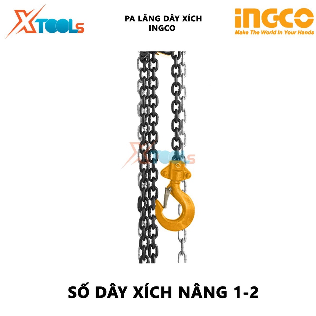 Pa lăng 1 dây xích INGCO HCBK0201 Bá lăng xích Trọng lượng nâng 1-3 tấn Độ cao nâng 3m khoảng cách từ đỉnh móc đến móc t