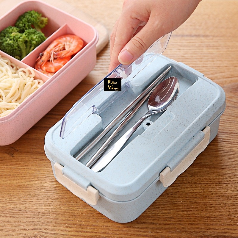 HỘP ĐỰNG CƠM&THỨC ĂN CHẤT LIỆU NHỰA LÚA MẠCH 3NGĂN ĐŨA THÌA INOX BẢO VỆ MÔI TRƯỜNG