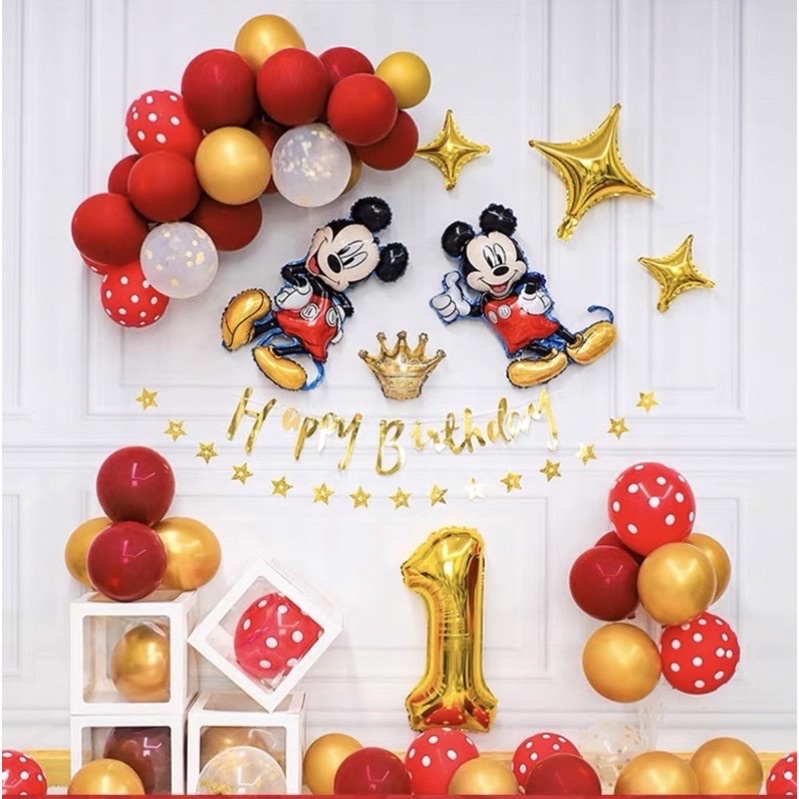 Phụ Kiện Trang Trí Sinh Nhật Chuột Mickey Cho Bé Trai, Bé Gái Tuổi Chuột Tặng Đồ Bơm, Keo Dán