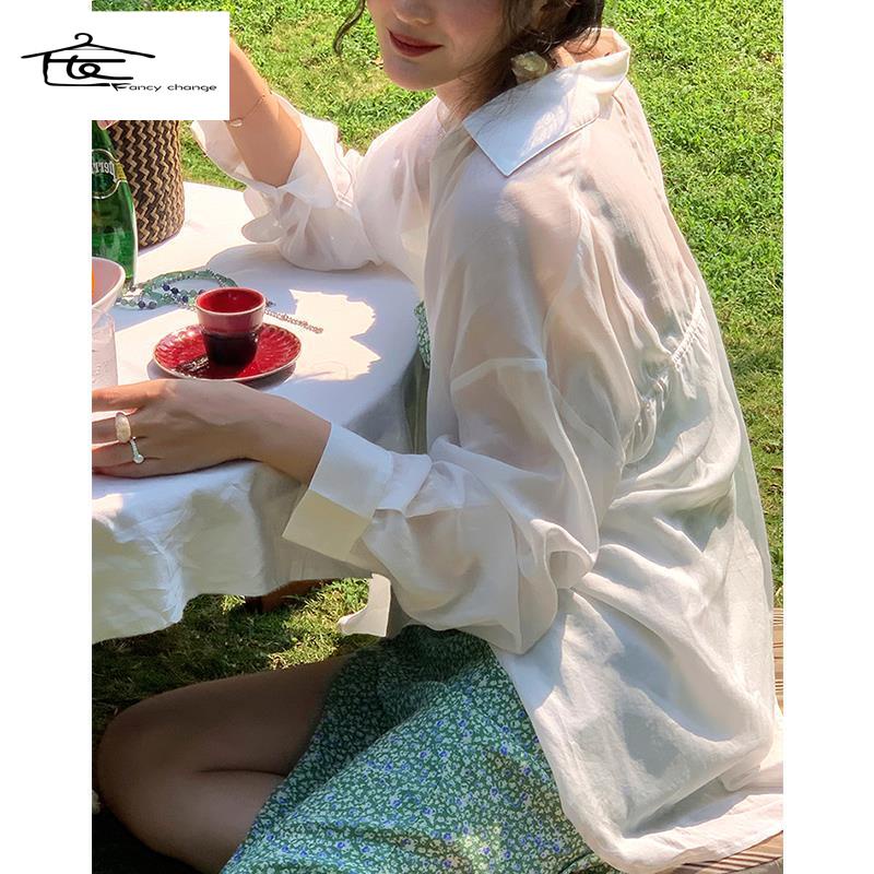 Hàng Có Sẵn Bán Chạy~Áo Sơ Mi Trắng Mỏng Tay Dài Chống Nắng Phong Cách Pháp Cổ Điển Thời Trang Mùa Hè Cho Nữ