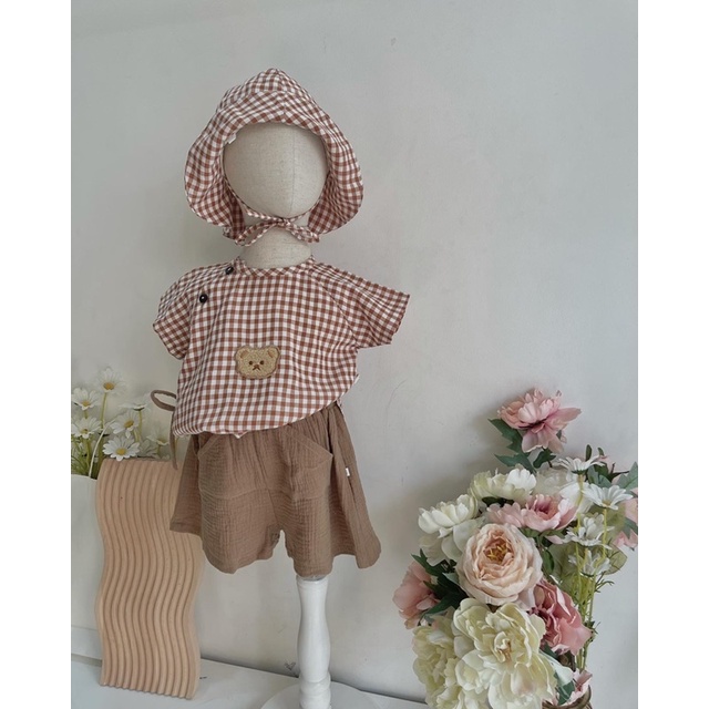 Áo + quần + nón caro gấu ji er em bé trai | Nanci room