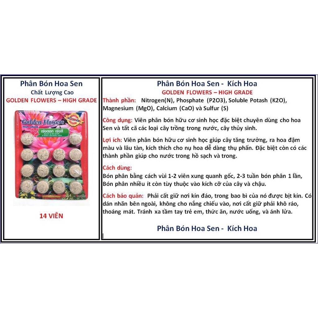Phân viên nén hữu cơ Golden Flowers Thailand chuyên bón cây sen, súng và các loại thủy sinh khác vỉ 14 viên