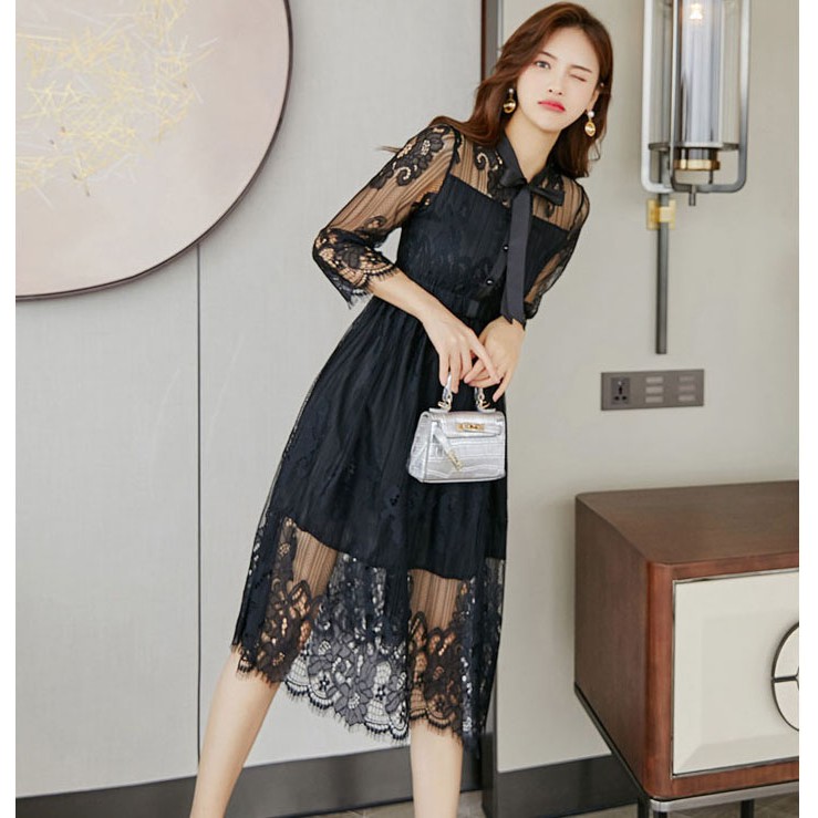 Đầm Ren Dáng Dài, Đầm Dáng Xòe Chữ A Họa Tiết Kèm Nơ Cổ Sang Trọng | BigBuy360 - bigbuy360.vn