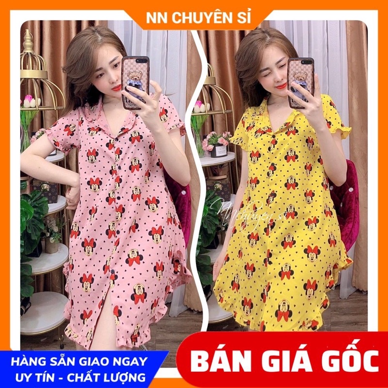Đầm nữ mặc nhà phom rộng chất kate mềm mịn mát in hình chuột Mickey in hoạt hình dễ thương D854