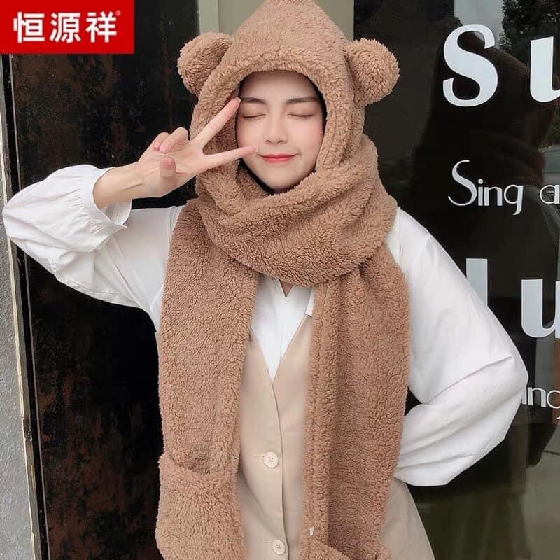 Khăn bông kèm mũ tai gấu 3 in 1