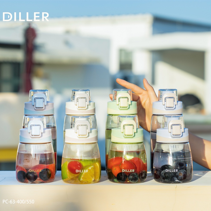 Bình nước DILLER D63 400 ml/ 550ml bằng PC không chứa BPA có lõi lọc trà tiện dụng mang đi hoặc chơi thể thao