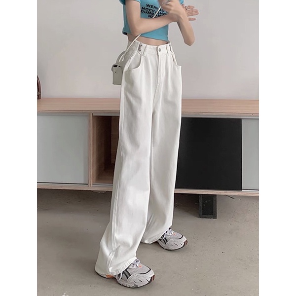 Quần jean nữ/Quần jeans ống rộng lưng cao màu trắng thiết kế Gài Eo trẻ trung