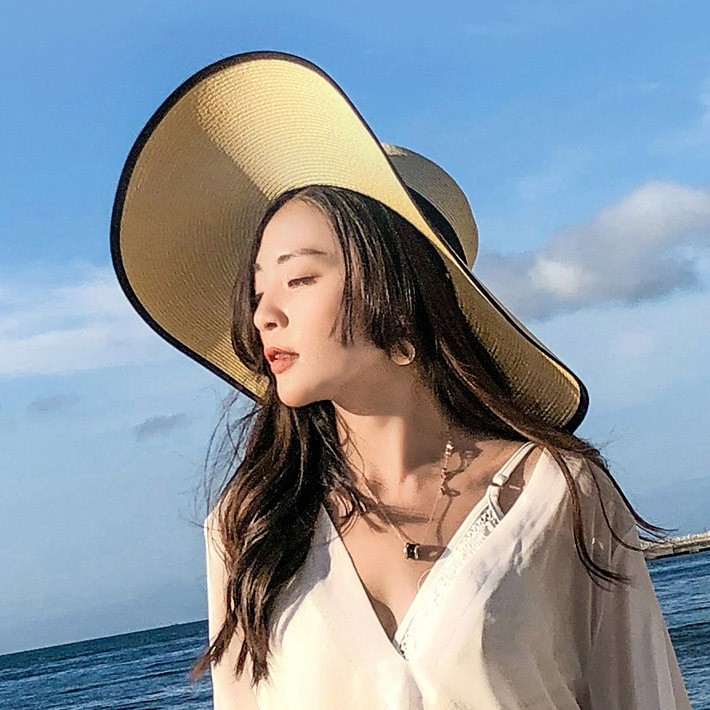 Mũ Cói Rộng Vành Phối Dây Đen P1786