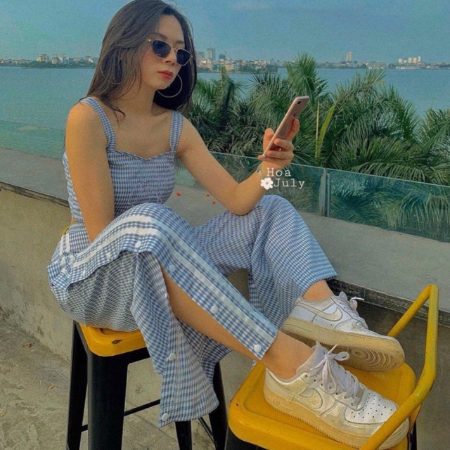 💈Set áo croptop cúp ngực + Quần ống rộng phối nút💈 (Áo sẵn mút ngực)