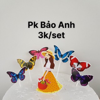 Set giấy cô gái váy vàng và bướm trang trí bánh kem