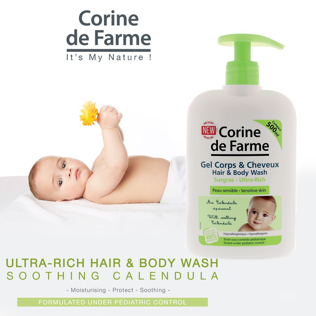 Gel Tắm Gội Cho Bé Corine De Farme Hair &amp; Body Wash 500ml
