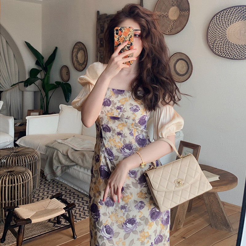 Đầm chữ A tay phồng dáng ôm in hoa thời trang cổ điển cho nữ