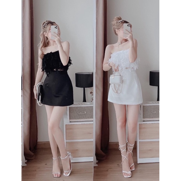set áo cúp ngực lông vũ+ chân váy chữ A
