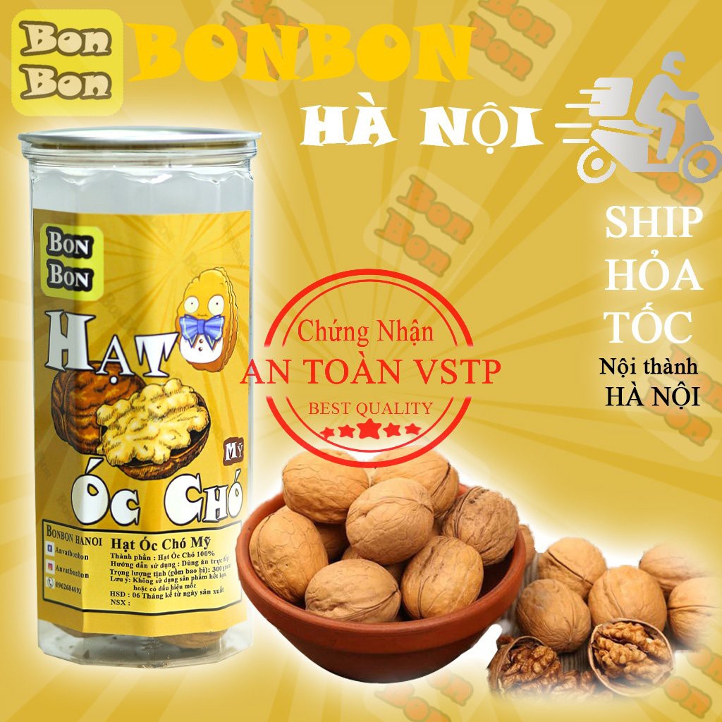 Hạt óc chó mỹ 300g BONBON Đồ ăn vặt Hà Nội vừa ngon,vừa rẻ (hạt tự nhiên đóng hủ pét sang trọng) Bonbon