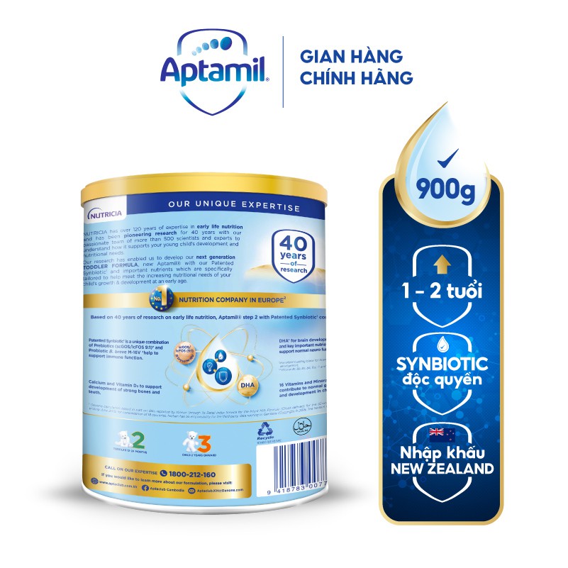 Combo 2 Sữa bột Aptamil New Zealand hộp thiếc số 2 (900g/lon) cho bé 12-24 tháng tuổi