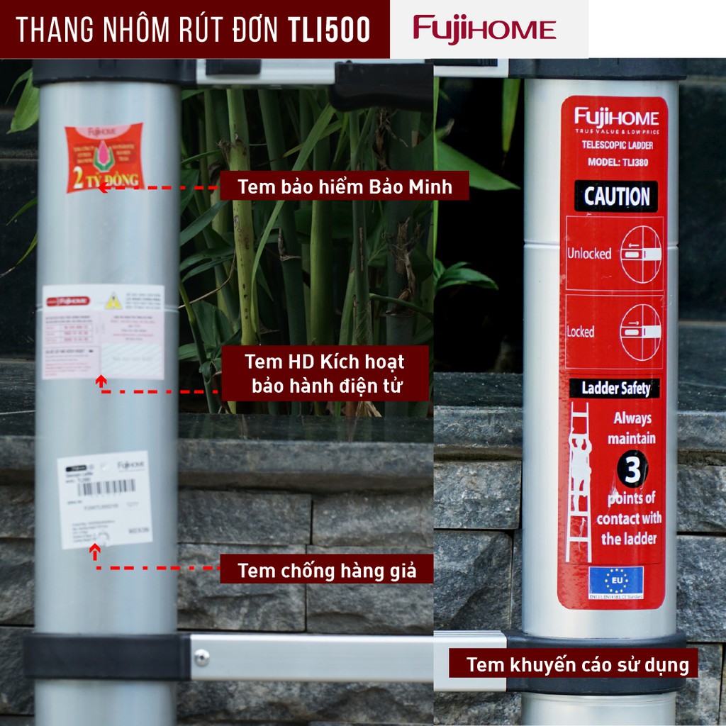 Thang nhôm rút đơn Nhập Khẩu 3,8M - 5M gấp gọn chính hãng FUJIHOME, thang rút xếp gọn gia đình đa năng Nhật Bản