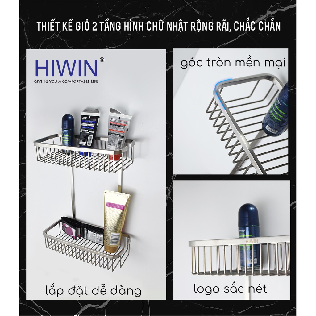 Giỏ để đồ 2 tầng chữ nhật tiện lợi inox 304 cao cấp Hiwin Y-207 265*125*340