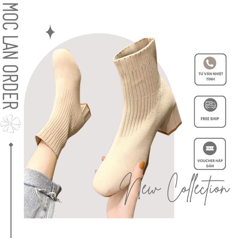 (MộcLan ORDER) Giày boot len vân tăm mũi tròn cho nữ hàng quảng châu