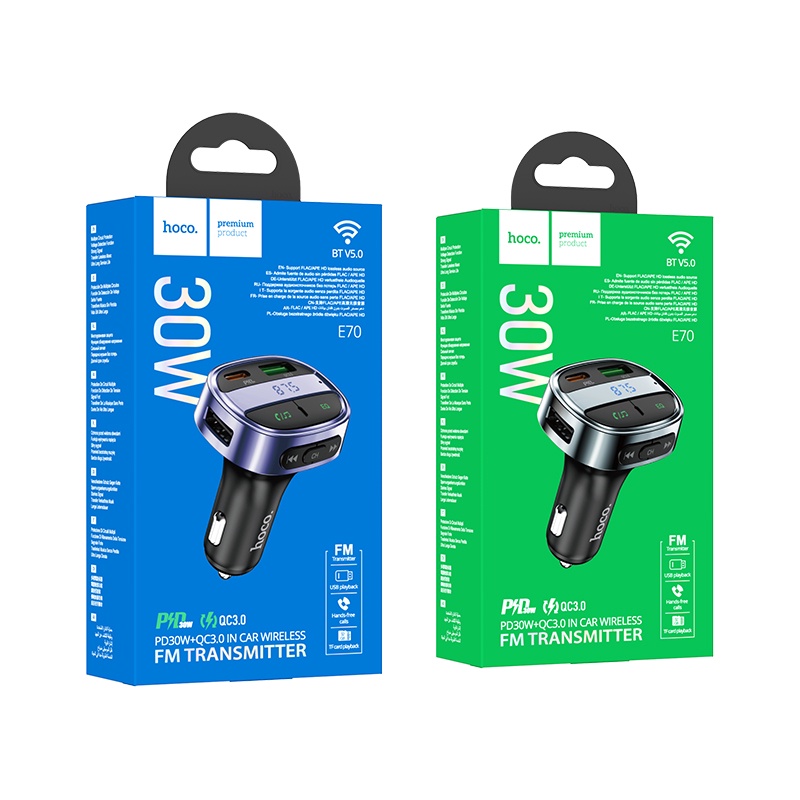 Bộ sạc xe hơi HOCO. E70 Bluetooth 5.0 không dây màn hình LCD QC3.0 PD30W thiết kế hỗ trợ nghe nhạc MP3 thẻ TF U disk AUX