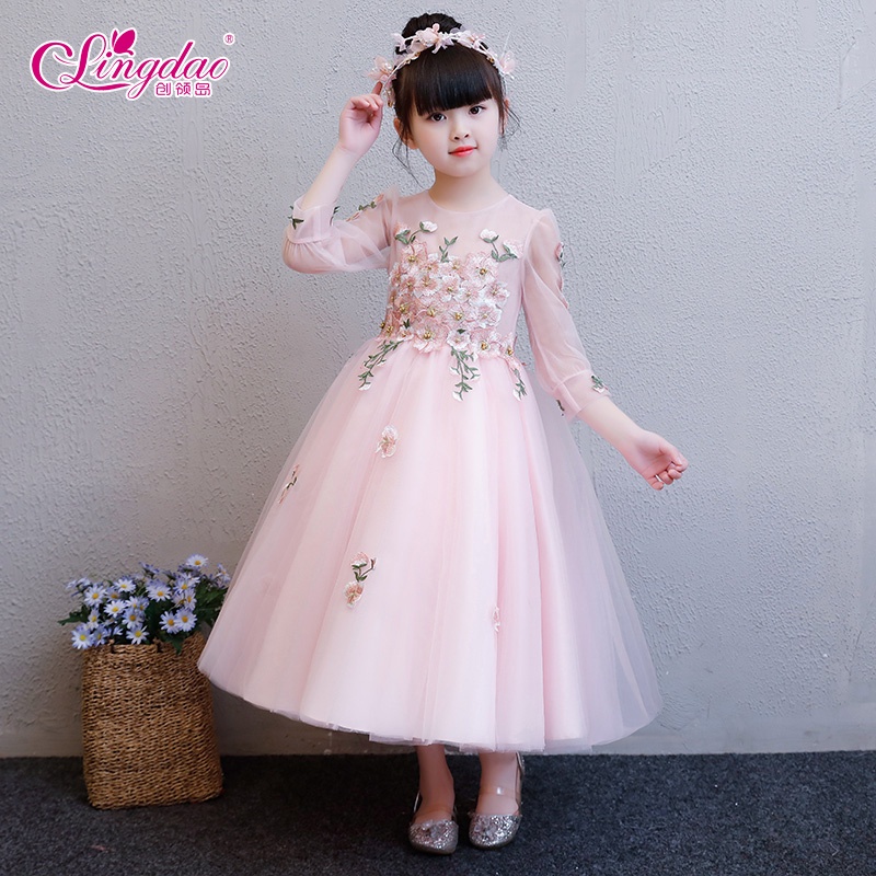 Đầm Công Chúa Bé Gái Hoạ Tiết HỒNG DÀI REN THÊU Đầm Thiết Kế- Dambegaistore