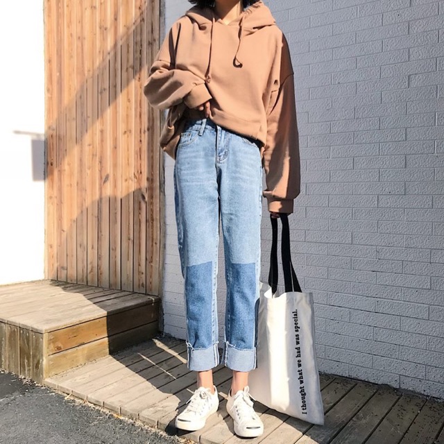 quần jean ulzzang quần bò nữ đẹp dài ống rộng lưng cao cạp cao vá kiểu dáng hàn quốc jeans