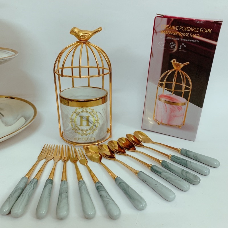 Giỏ đựng muỗng nĩa thìa dĩa hình lồng chim bằng sứ vân đá cẩm thạch mầu xám trang trí Huydecor
