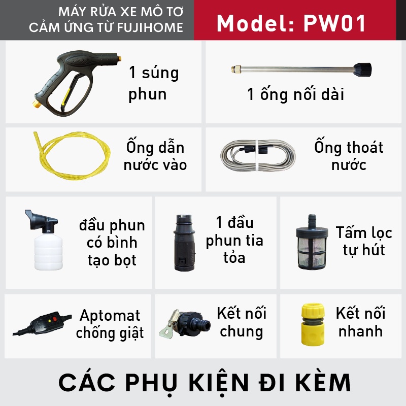 Máy xịt rửa xe cao áp chống giật cho ô tô xe máy FUJIHOME nhập khẩu, máy bơm rửa xe cầm tay tăng áp lực cao cho gia đình