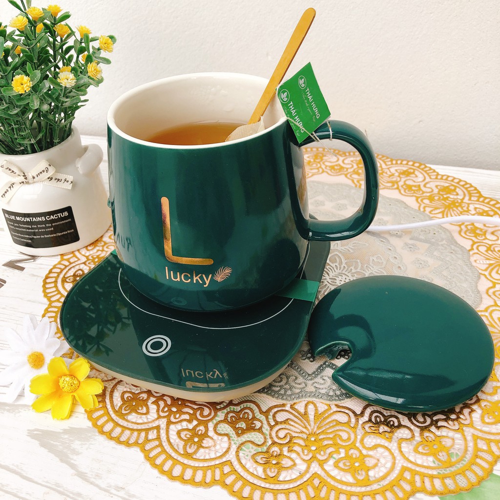 Bộ Hâm Nóng Đồ LUCKY  Giữ Nhiệt Hâm Nóng Đồ Uống 460ml Gồm Cốc, Đế Điện, Thìa Mạ Vàng Sang Chảnh