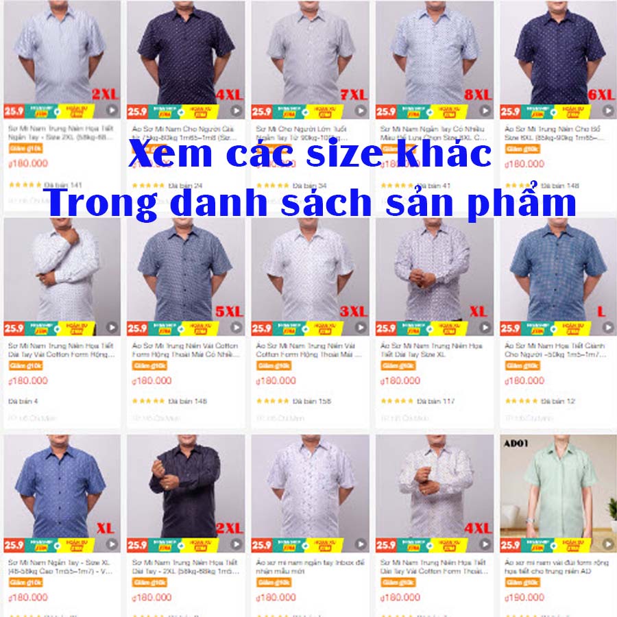 Sơ Mi Cho Người Lớn Tuổi Ngắn Tay Từ 90kg-100kg 1m65–1m8  Có Đủ Size