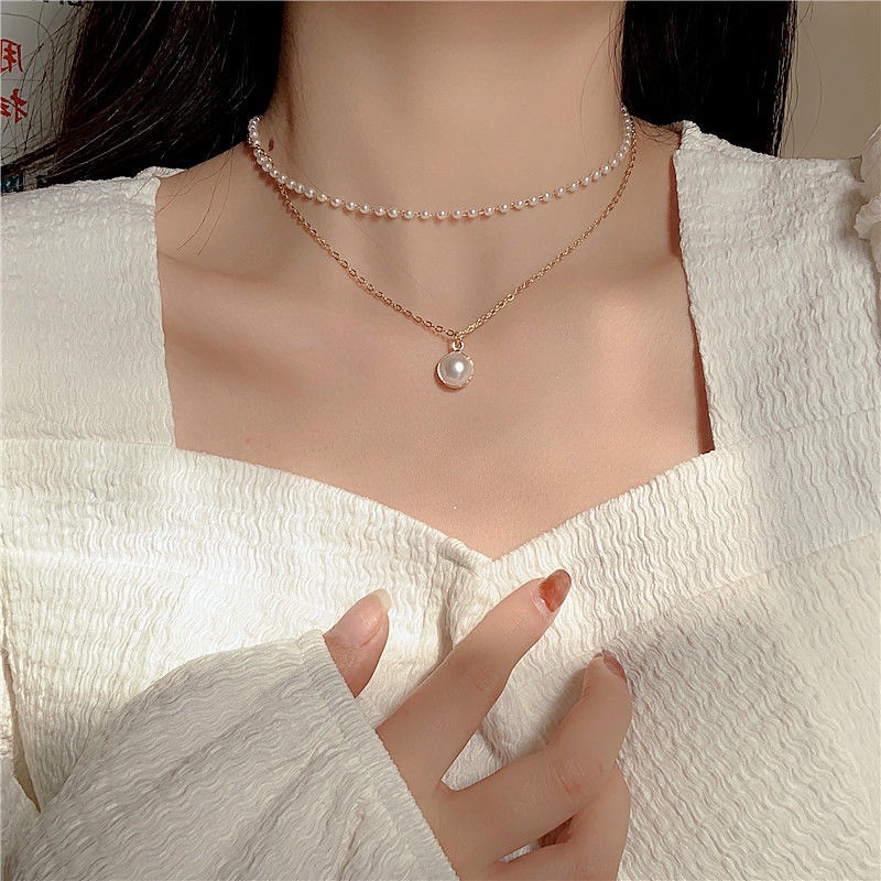 Vòng cổ hai lớp xỏ hạt ngọc trai giả phong cách retro