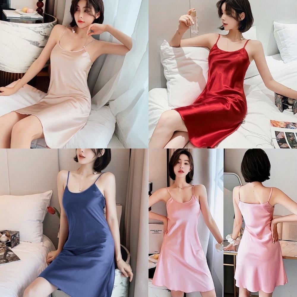 Váy ngủ 2 dây sexy lụa  satin cao cấp, Đầm ngủ gợi cảm,mềm mịn quyến rũ, có nút điều chỉnh