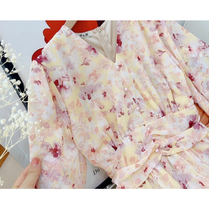 Jumpsuit/jump/đầm váy voan hoa tay dài đính nút ngọc, thời trang hot girl tiểu thư công chúa đi chơi dạo phố dự tiệc