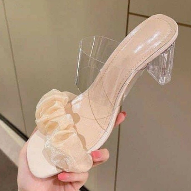 Guốc cao gót7p gót trong nhún bèo vải voan phối quai trong siêu xinh