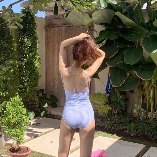 Bikini Liền Thân đồ bơi nữ đi biển 1 mảnh basic đơn giản LUHAZO che khuyết điểm bụng mỡ Kẻ caro 2 Dây 2393 E-11