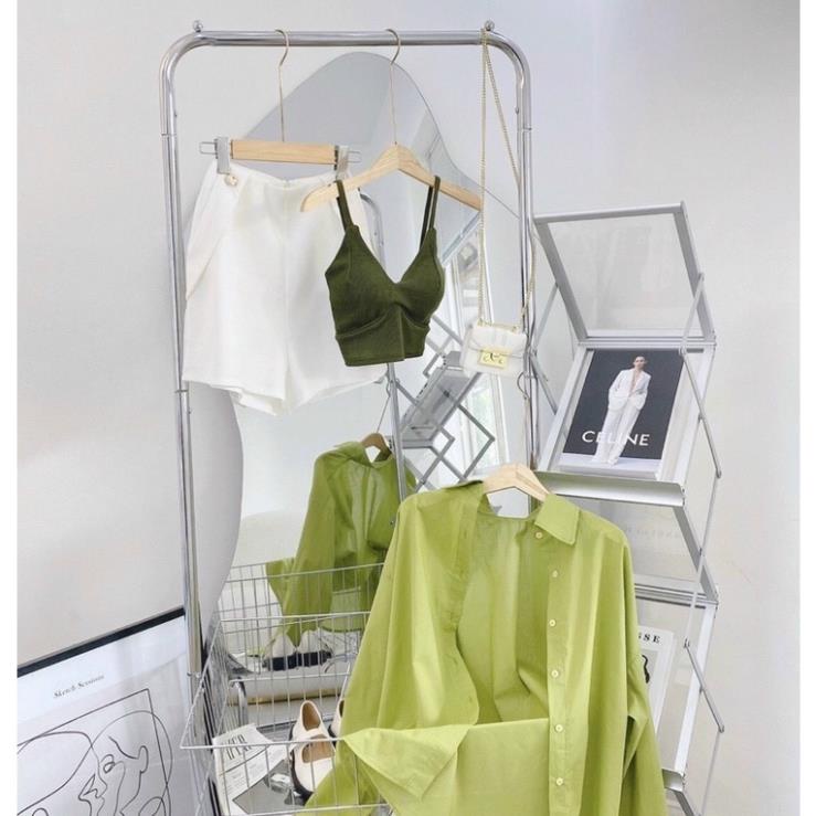 TTL Set đùi 3 món áo khoác ngoài xanh phối 2 dây bra kèm quần đùi trắng năng động